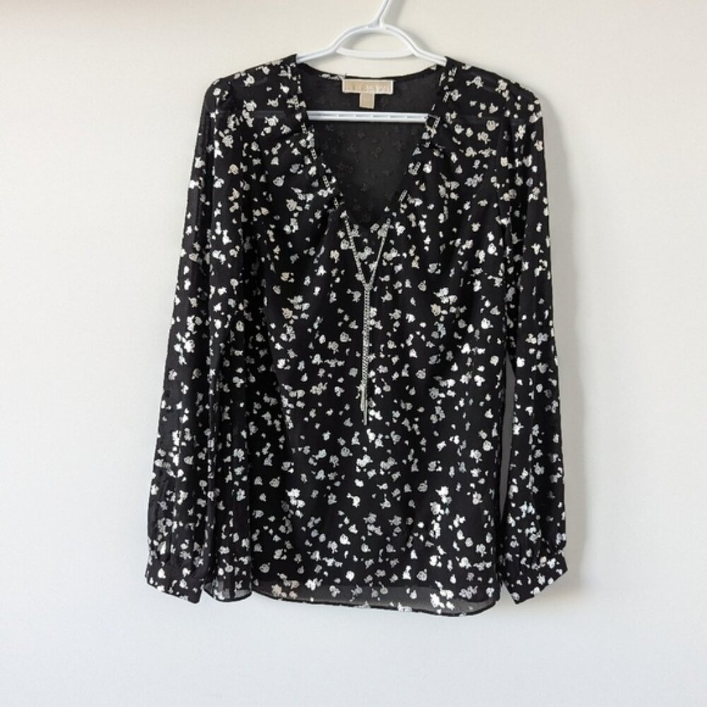 Michael Kors Womens Black Floral Blouse Size Small Metallic Gray